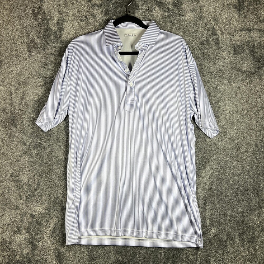 Collars & Co. Polo Shirt Mens Large Blue Striped Relaxed Woven Polyester
